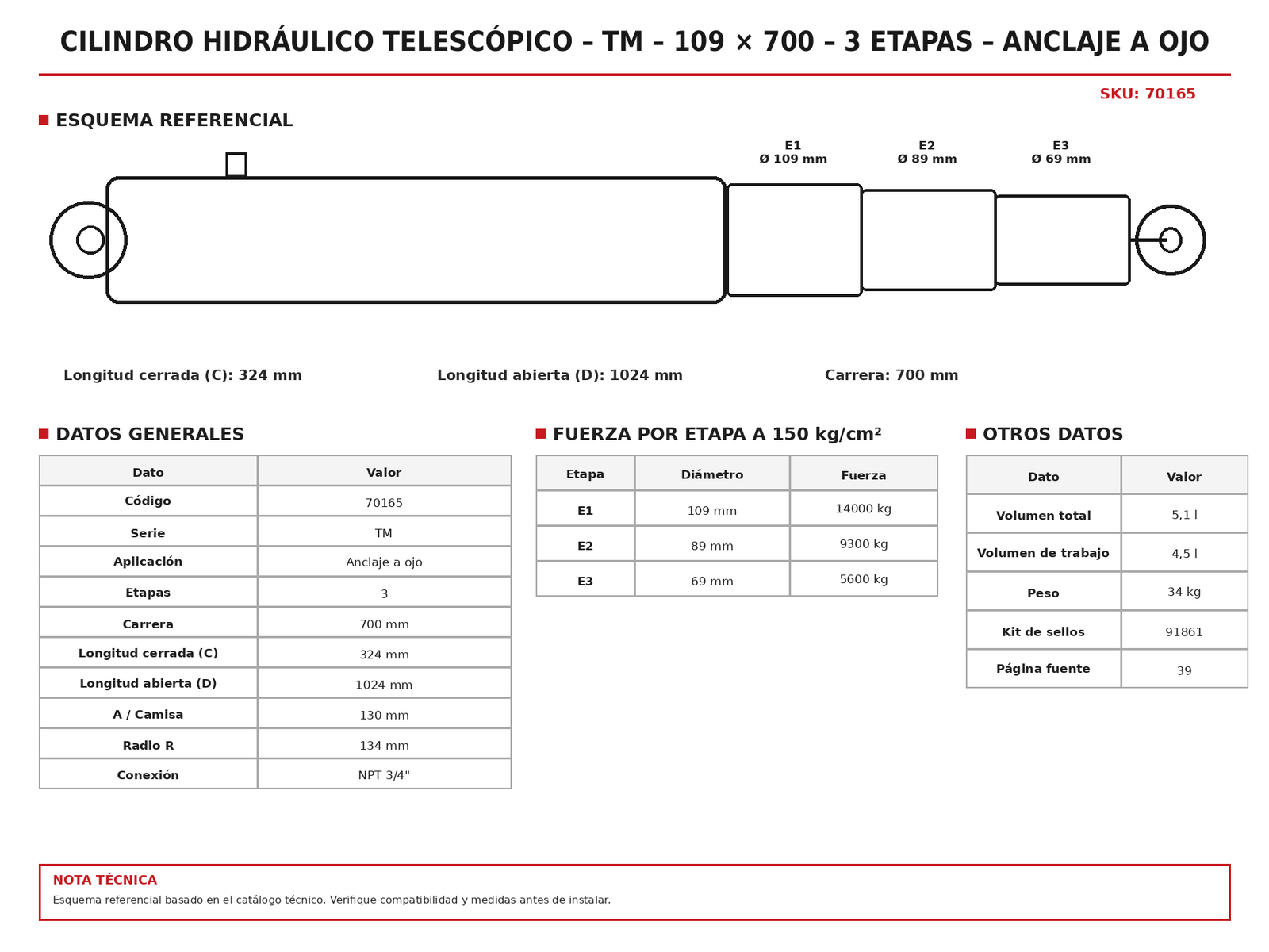 Cilindro hidráulico telescópico – TM – 109 × 700 – 3 etapas – Anclaje a ojo — ficha técnica — imagen referencial