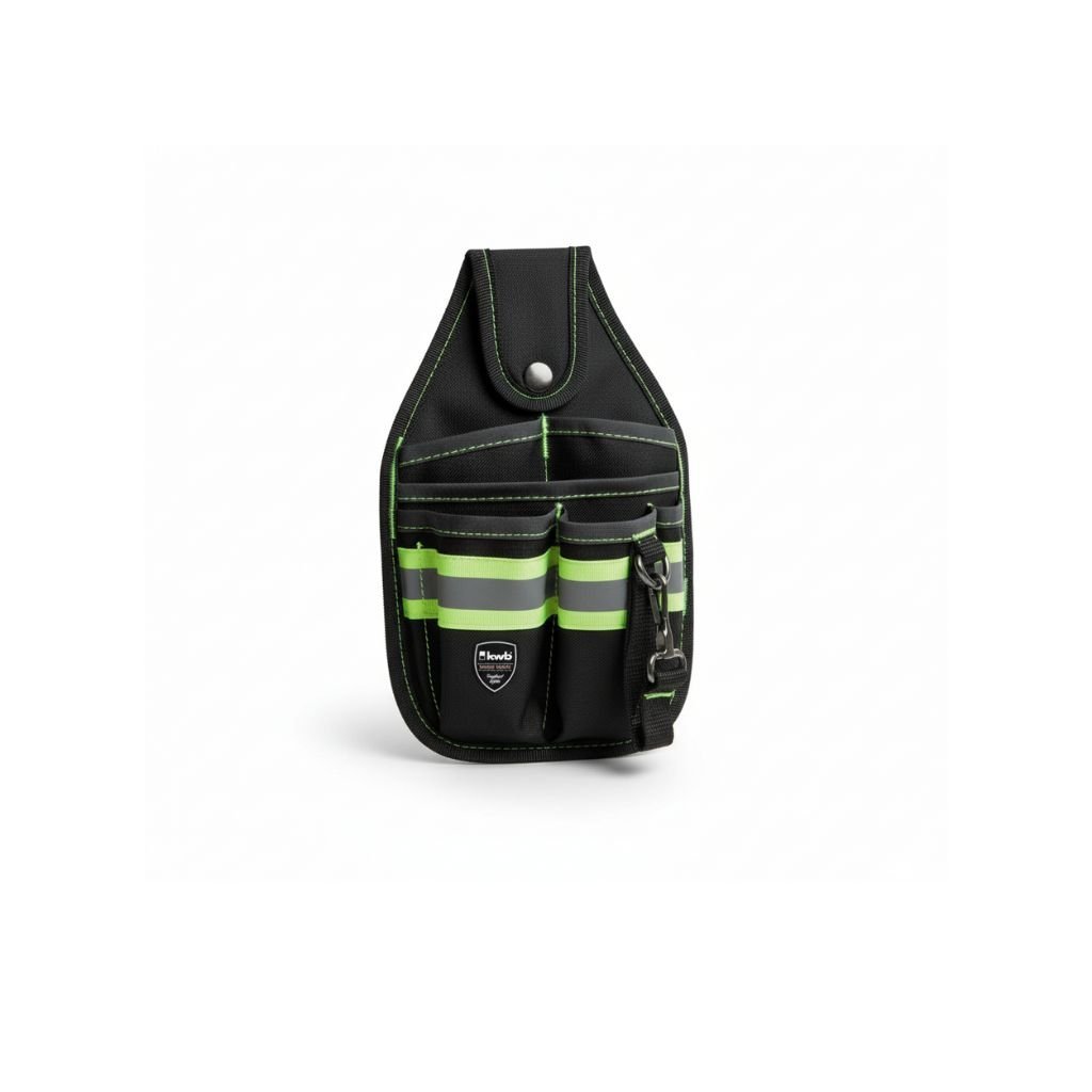Bolso Porta Herramientas Profesional con Tira Reflectante, 1 Compartimento Grande, 2 Compartimentos Alargados, 3 Pequeños, Lazo para Martillo y Mosquetón [49909610]