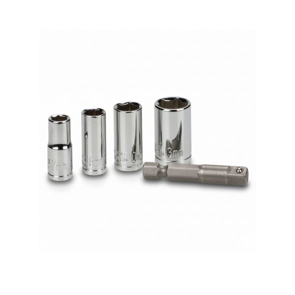 Juego de vasos con adaptador 5 piezas vástago hexagonal 1/4, medidas 7, 8, 10, 13 mm, largo 50 mm cromo [49105110]