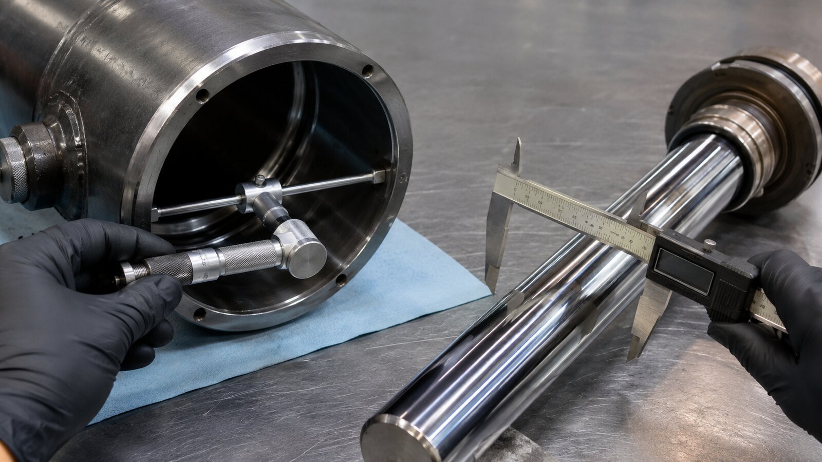 Medición real del diámetro interior de un tubo y del diámetro de un vástago cromado